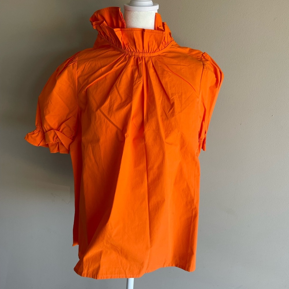 THML Bright Orange Ruffle Neck Short Sleeve Blouse